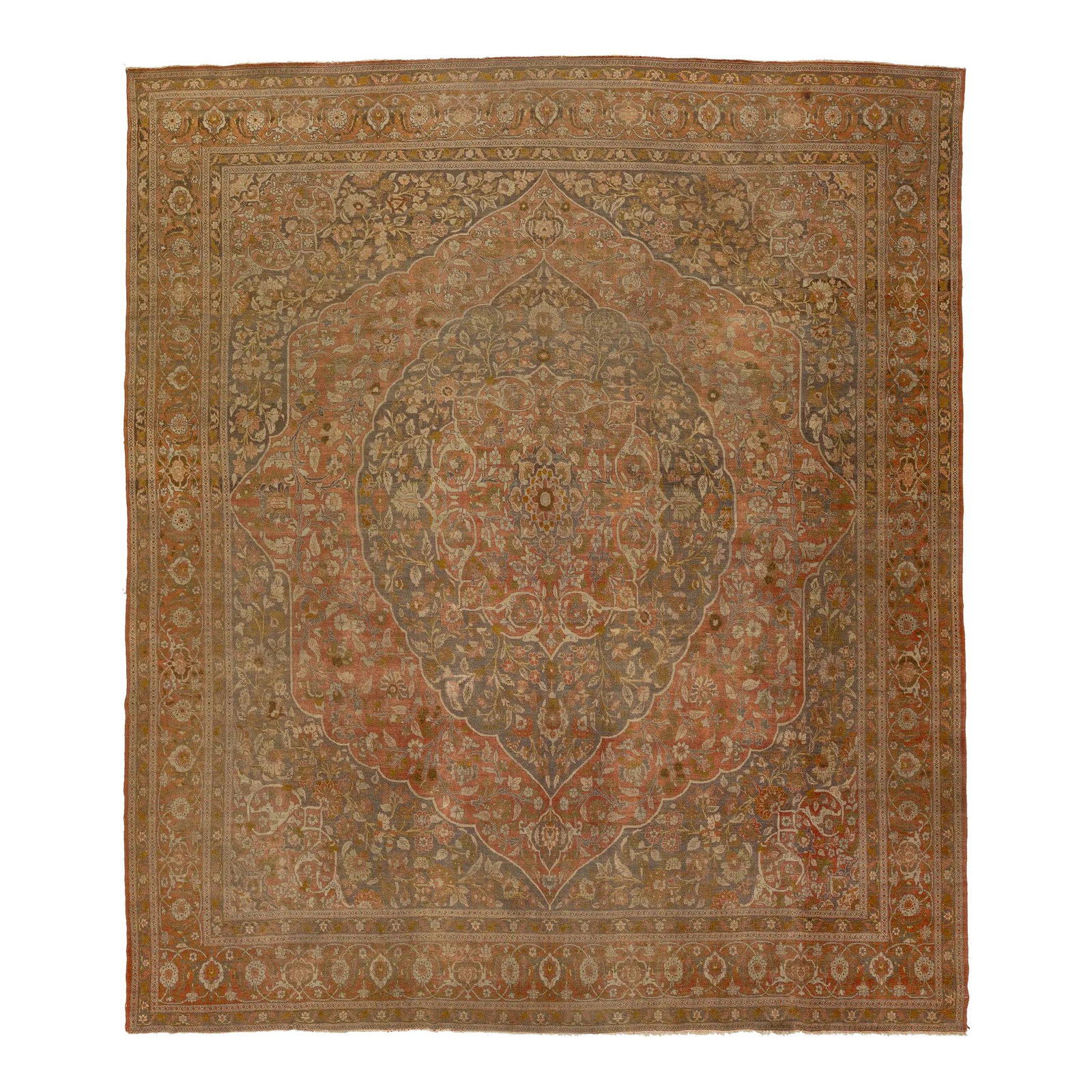 Antique Tabriz Wool Rug 10'7 x 12'8 Rust Floral Design: Antique Tabriz Wool Rug 10'7 x 12'8 Rust Floral Design Experience the elegance of this antique hand-knotted Tabriz wool rug, featuring a stunning rusty field complemented by intricate beige, green, an