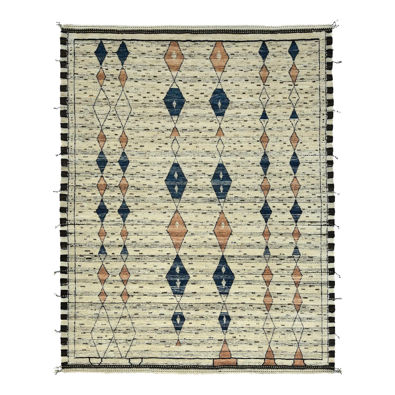Handmade Beige Moroccan Tribal Wool Rug 9'4 x 11'11: Handmade Beige Moroccan Tribal Wool Rug 9'4 x 11'11 Enhance your living space with this stunning handmade Moroccan-style wool rug. Featuring a warm beige field adorned with a vibrant multicolor tribal