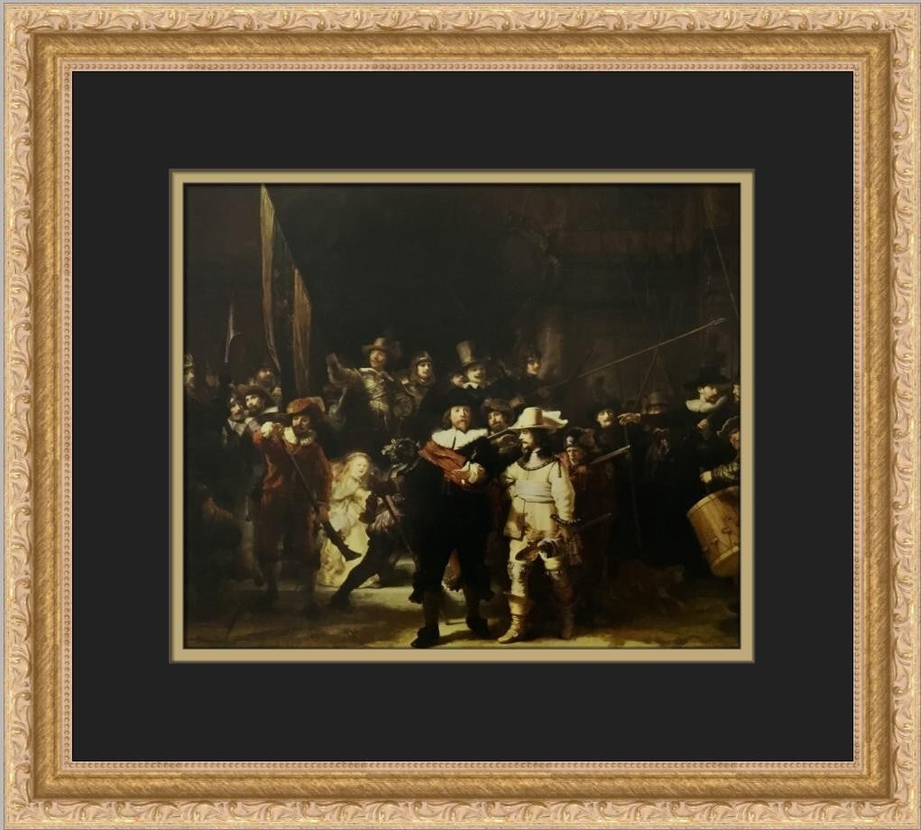 Rembrandt The Night Watch Custom Framed Print 14 x 16 Open Edition: Rembrandt The Night Watch Custom Framed Print 14 x 16 Open Edition This stunning custom framed print features Rembrandt van Rijn's iconic artwork, The Night Watch, produced in 1979. The print is an op