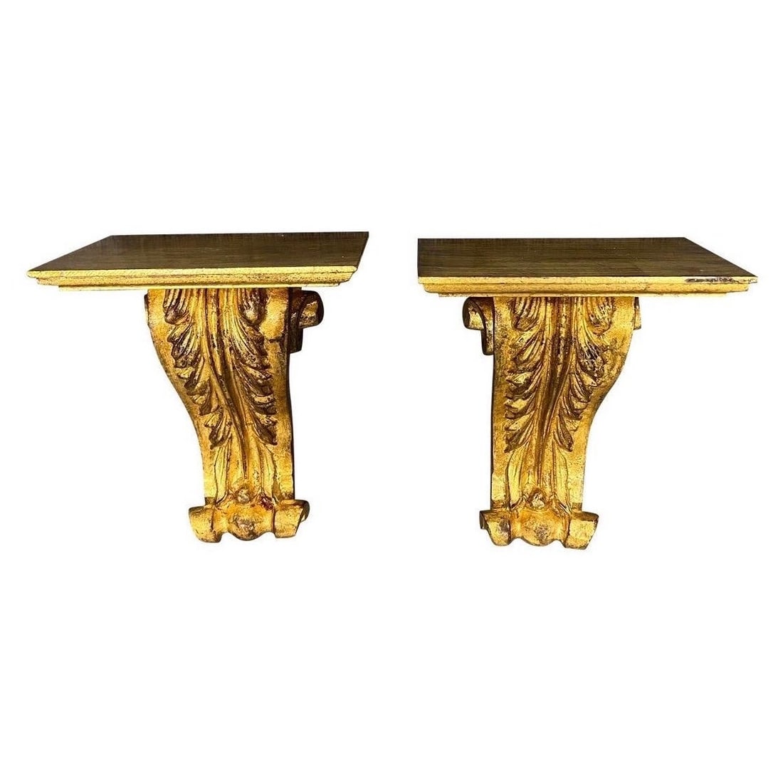 Set of Two Italian Giltwood Wall Brackets with Acanthus Leaf Design: Set of Two Italian Giltwood Wall Brackets with Acanthus Leaf Design This pair of mid-century Italian giltwood brackets features elegant acanthus leaf scrolls. Handcrafted in the 1980s, each bracket is