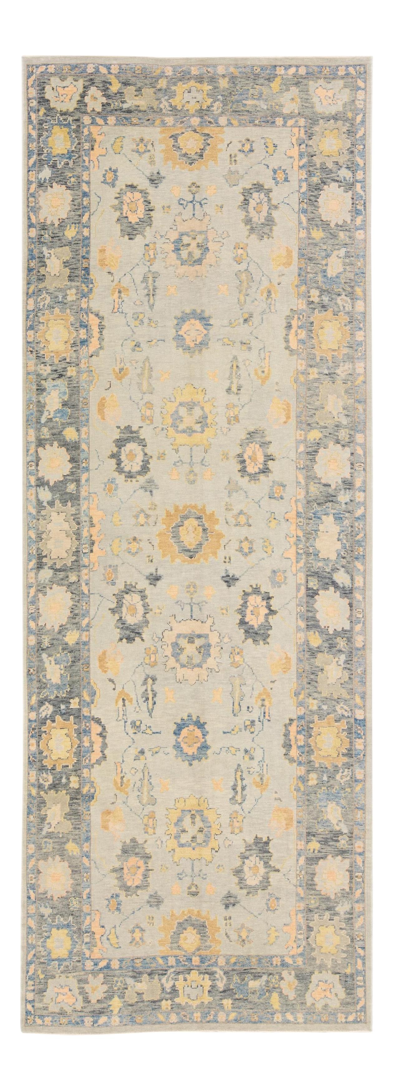 Modern Gray Oushak Hand-Knotted Wool Runner 6'3" x 17'5" Floral Design: Modern Gray Oushak Hand-Knotted Wool Runner 6'3" x 17'5" Floral Design Enhance your living space with this stunning modern Oushak hand-knotted wool runner rug. Featuring a sophisticated gray field, th