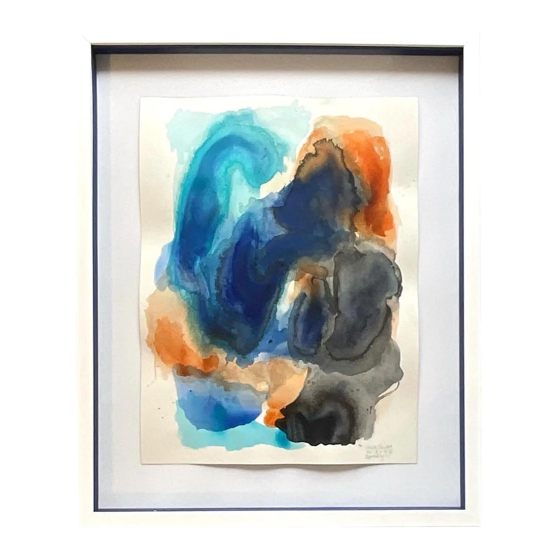 Shadow Box Framed Abstract Watercolor Painting on Paper Vintage Art: Shadow Box Framed Abstract Watercolor Painting on Paper Vintage Art This vintage watercolor painting on paper features abstract, bold, and fluid strokes in shades of blue, orange, and gray, creating a