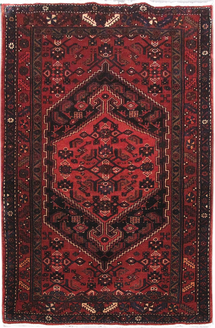 Handcrafted 4.6 x 7 Persian Hamadan Area Rug Deep Red Floral Geometric Design: Handcrafted 4.6 x 7 Persian Hamadan Area Rug Deep Red Floral Geometric Design Free continental US Shipping Transform your living space with this exquisite 4.6 x 7 Persian Hamadan Rug. Handwoven by ski