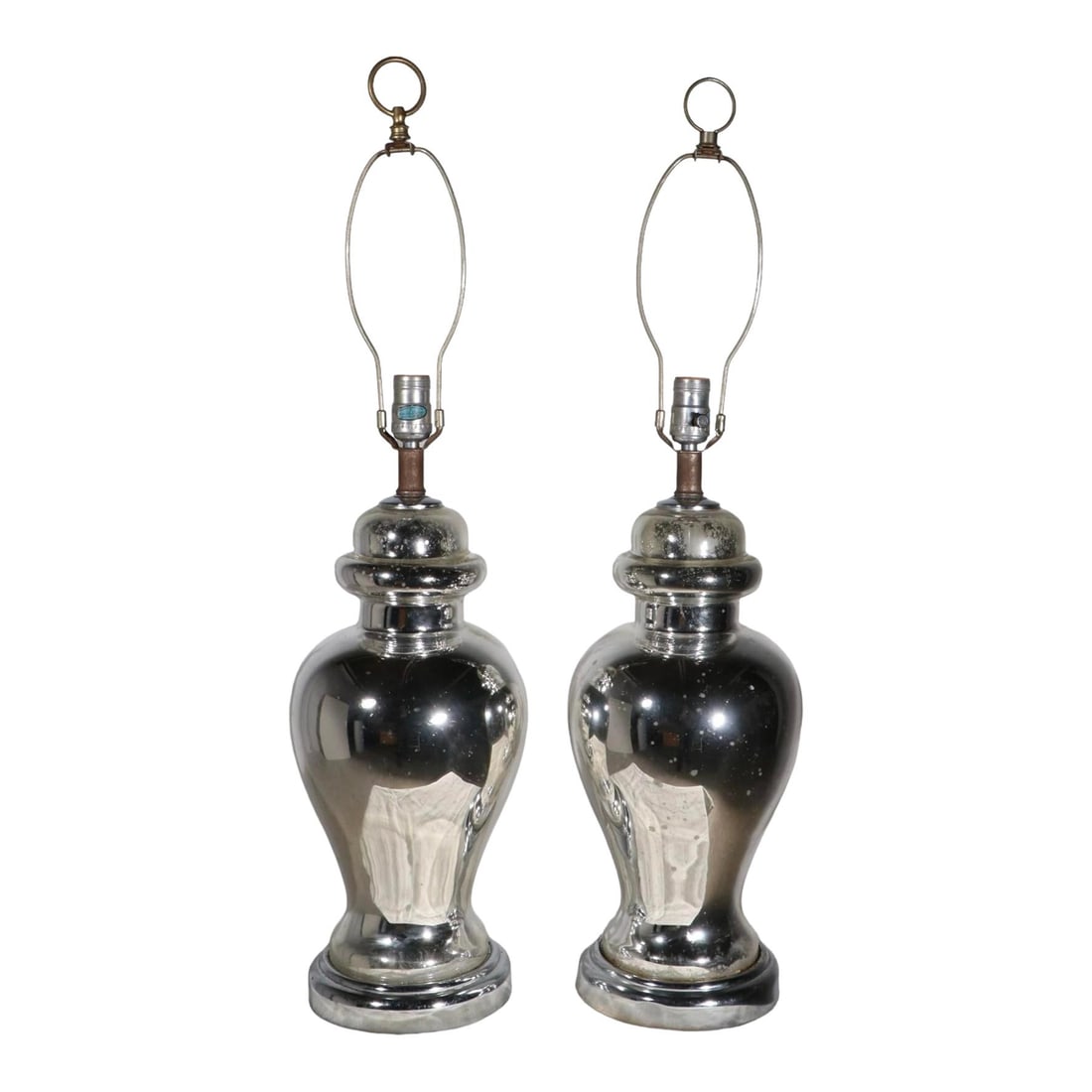 Pair of Mirrored Mercury Glass Table Lamps with Chrome Bases: Pair of Mirrored Mercury Glass Table Lamps with Chrome Bases Illuminate your space with this stunning pair of mirrored Mercury glass table lamps. Featuring sleek chrome plinth bases, these lamps prese