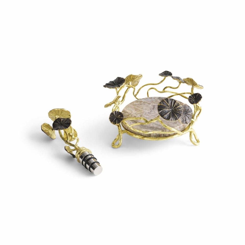 Michael Aram Monet's Garden Brass Marble Wine Coaster & Stopper Set (1 of 4)