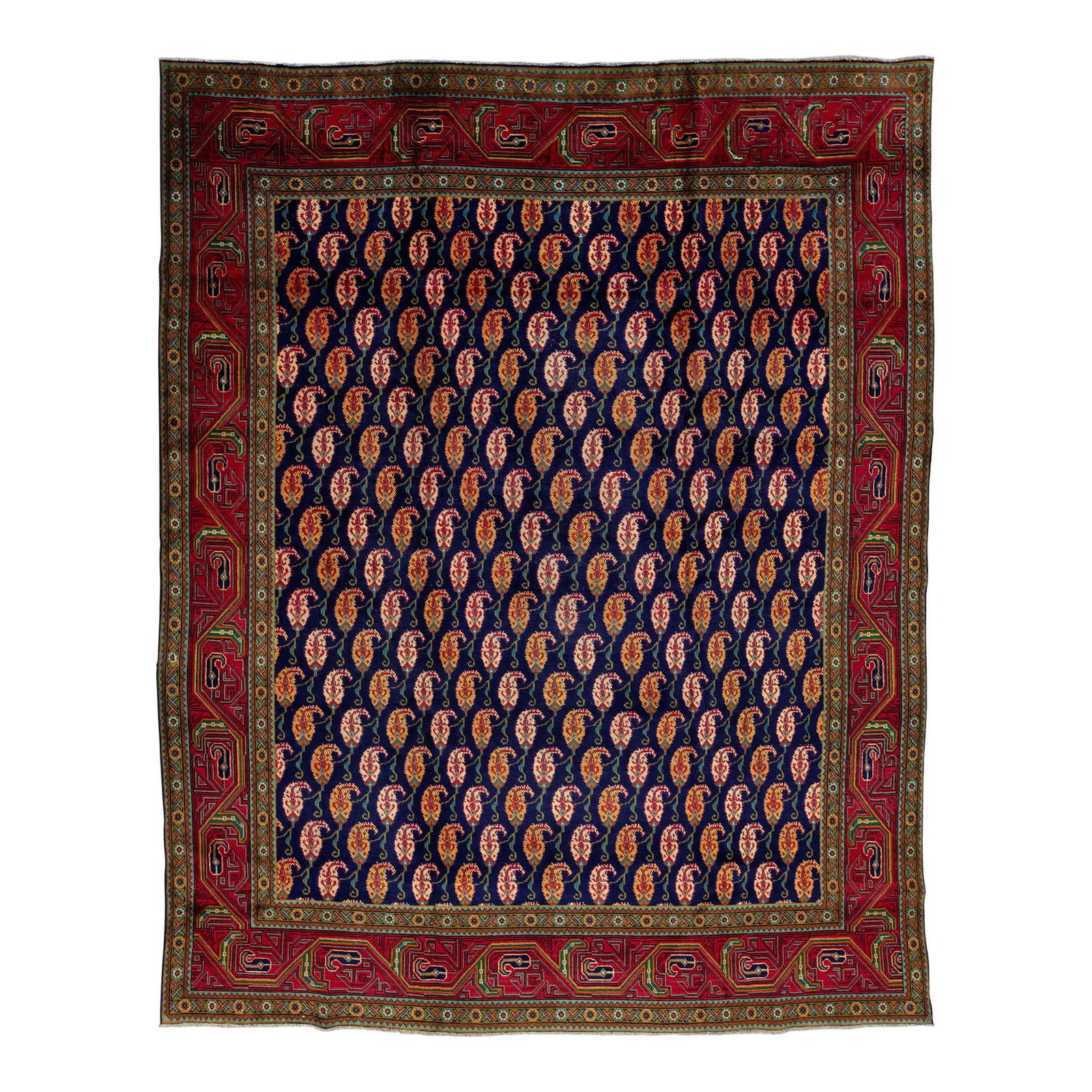 Vintage Handmade Persian Wool Rug with Allover Boteh Pattern in Navy Blue: Vintage Handmade Persian Wool Rug with Allover Boteh Pattern in Navy Blue Enhance your living space with this exquisite hand-knotted vintage Shiraz rug, crafted from high-quality wool. The stunning na