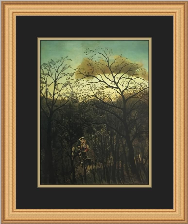 Henri Rousseau The Rendezvous in the Forest Custom Framed Art Print: Henri Rousseau The Rendezvous in the Forest Custom Framed Art Print This stunning custom framed print features Henri Rousseau's renowned artwork, "The Rendezvous in the Forest," a prime example of Pos