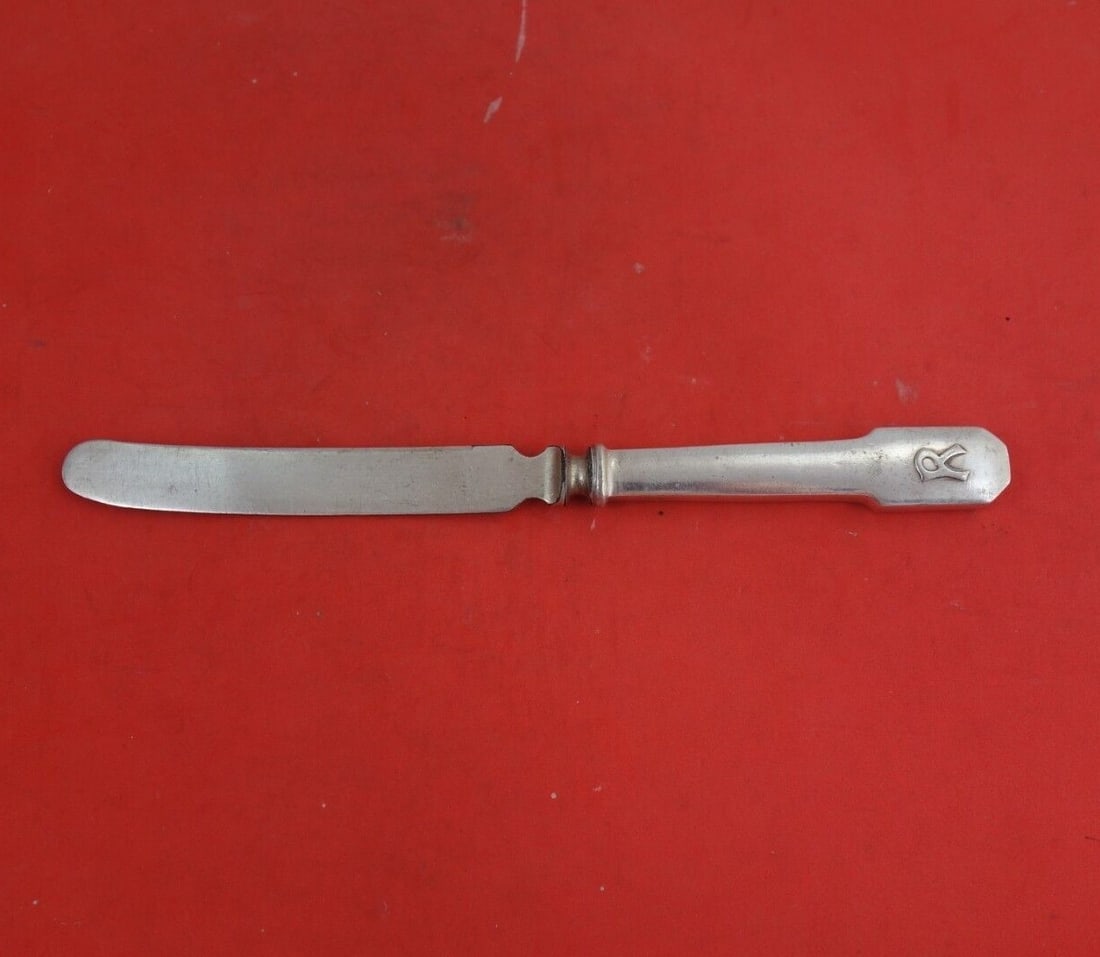 Shreve Norman Plain Sterling Silver Citrus Knife 7 5/8" Monogram R: Shreve Norman Plain Sterling Silver Citrus Knife 7 5/8" Monogram R This exquisite citrus knife features a sterling silver hollow handle with a silverplate blade, showcasing the elegant Norman Plain pa