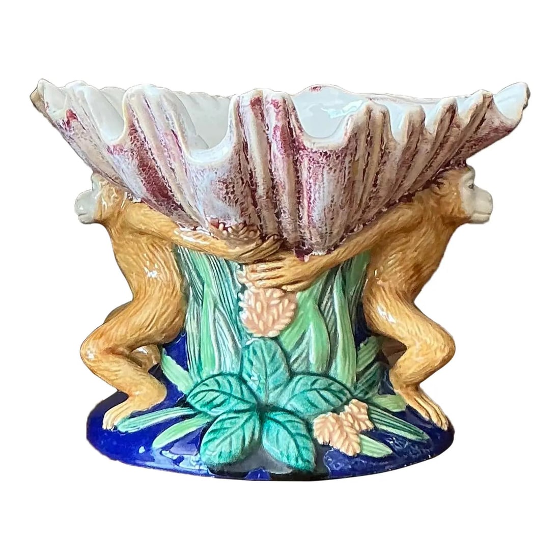 Vintage Majolica Monkey Centerpiece Bowl 12x10x8.5: Vintage Majolica Monkey Centerpiece Bowl 12x10x8.5 Add a touch of whimsical charm and coastal elegance to your home with this stunning vintage monkey centerpiece bowl. Crafted in a classic Majolica st