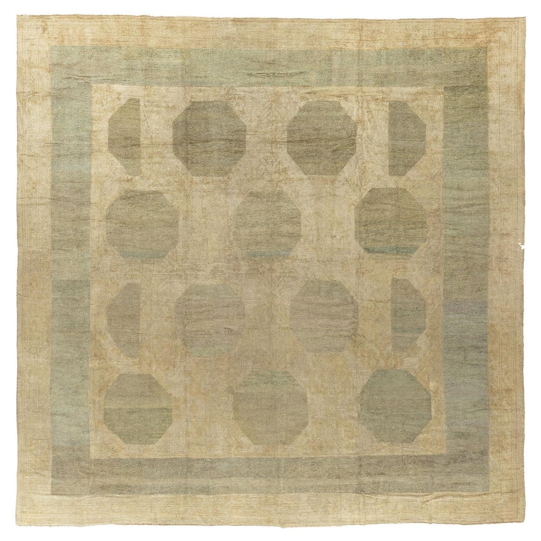 One-of-a-Kind Large Square Antique Turkish Oushak Rug 13'9 x 13'10: One-of-a-Kind Large Square Antique Turkish Oushak Rug 13'9 x 13'10 Enhance your living space with this stunning abstract large square antique Turkish Oushak rug. Crafted from high-quality wool and han