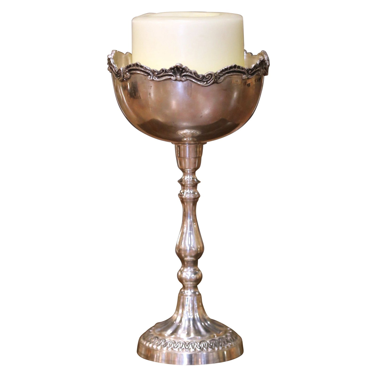 French Silvered Brass Mid-20th Century Candle Holder with Ornate Scalloped Rim: French Silvered Brass Mid-20th Century Candle Holder with Ornate Scalloped Rim This mid-century French candle holder, crafted circa 1950, is made from solid brass with a rich silvered patina. Featurin