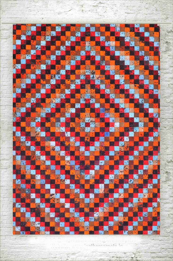 Geometric Patchwork Cowhide Leather Rug with Orange and Blue Accents 3FT x 5FT: Geometric Patchwork Cowhide Leather Rug with Orange and Blue Accents 3FT x 5FT Free continental US Shipping Elevate your interior with this luxury geometric patchwork cowhide leather rug, expertly han
