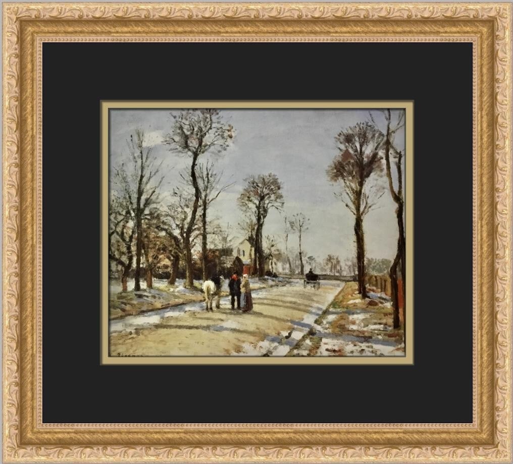 Camille Pissarro Road Winter Sun and Snow Framed Print 1998 Impressionism: Camille Pissarro Road Winter Sun and Snow Framed Print 1998 Impressionism This exquisite custom framed print features "Road Winter Sun and Snow" by renowned artist Camille Pissarro, capturing the esse