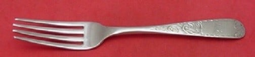 Kirk Mayflower Coin Silver Fork 7 3/8 Early 10.15 Hallmark: Kirk Mayflower Coin Silver Fork 7 3/8 Early 10.15 Hallmark This exquisite Mayflower pattern fork by Kirk is a remarkable piece of silverware dating back to the 1800-1849 period. Crafted from coin silv
