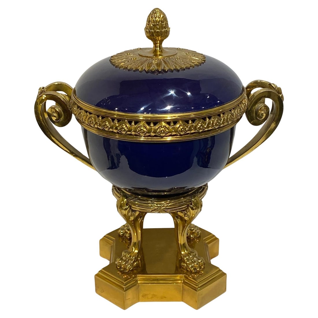 Louis XVI French Bronze Mounted Cobalt Porcelain Cassolette Vase with Cover: Louis XVI French Bronze Mounted Cobalt Porcelain Cassolette Vase with Cover This large antique cassolette or potpourri vase is crafted in the Sevres style, featuring a cobalt blue glazed porcelain bod