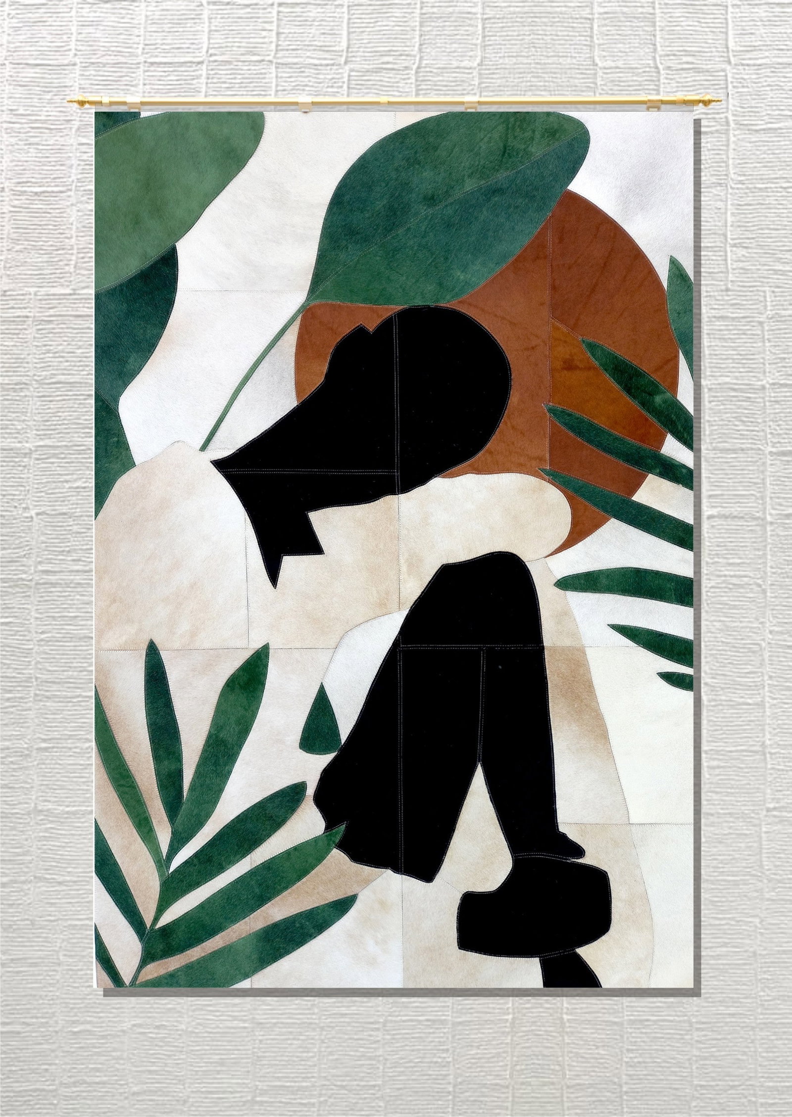 Handmade Abstract Botanical Cowhide Leather Area Rug 3FT x 5FT: Handmade Abstract Botanical Cowhide Leather Area Rug 3FT x 5FT Free continental US Shipping This handmade area rug features an abstract botanical patchwork design inspired by tropical silhouettes, inc