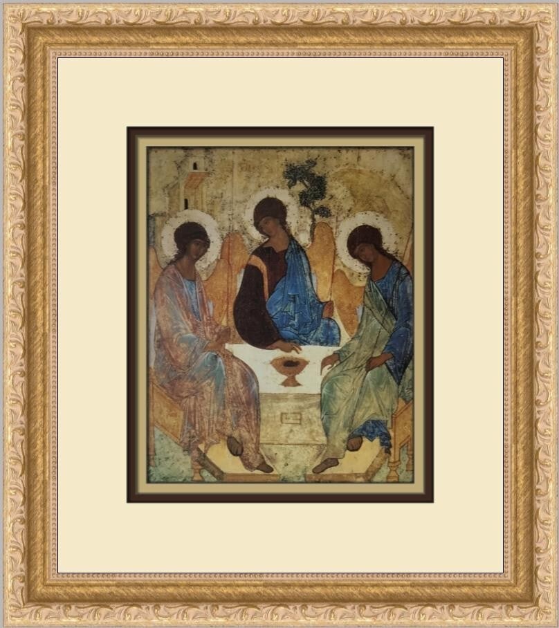 Andrei Rublev The Trinity Custom Framed Print 1997 Impressionism Art: Andrei Rublev The Trinity Custom Framed Print 1997 Impressionism Art This exquisite custom framed print, titled 'The Trinity,' features the iconic artwork by renowned artist Andrei Rublev. Measuring 1