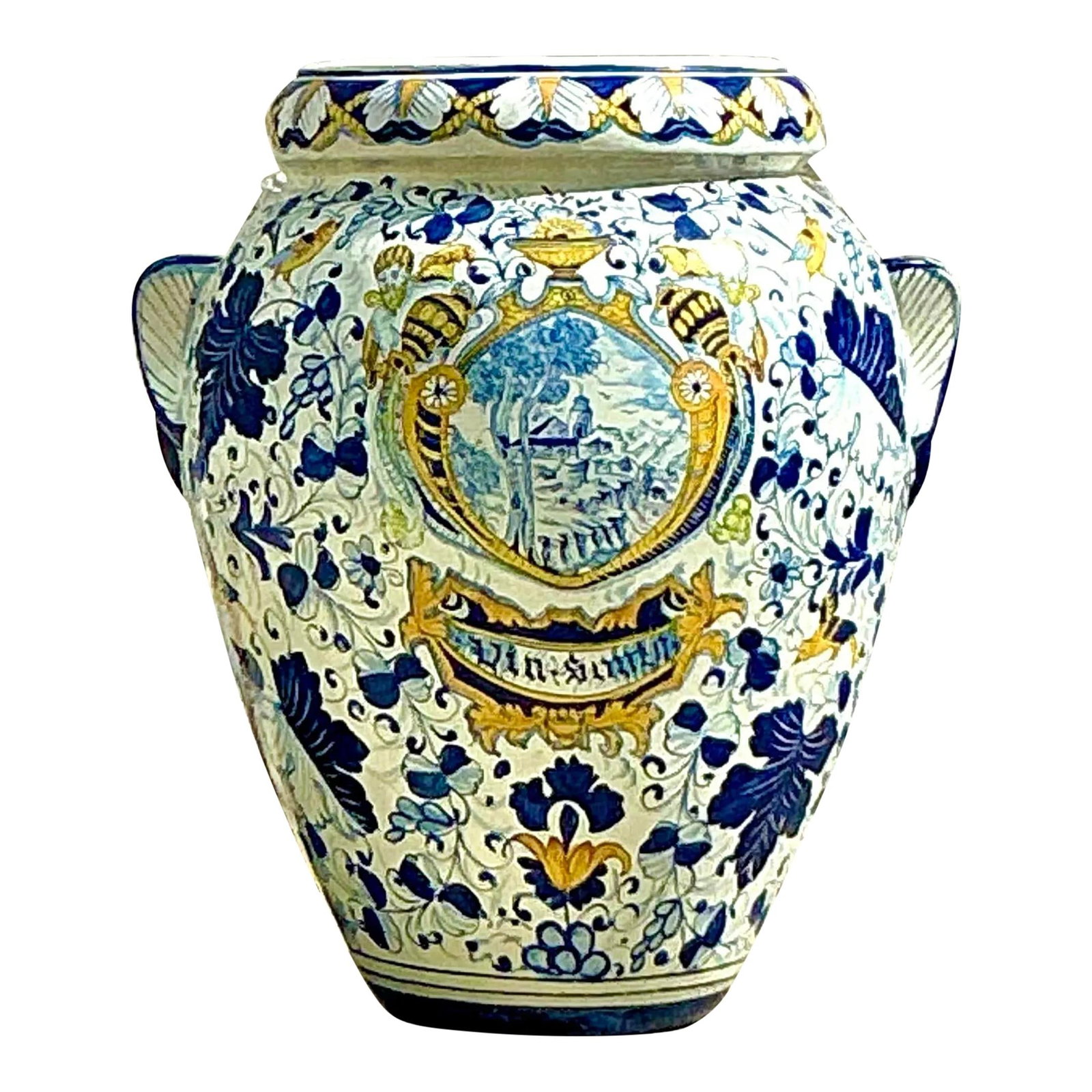 Vintage Majolica Caffagiolo Terracotta Urn 22.5 x 18.5 x 26.5 Inches: Vintage Majolica Caffagiolo Terracotta Urn 22.5 x 18.5 x 26.5 Inches Enhance your decor with this stunning vintage Majolica Caffagiolo terracotta urn. This monumental piece showcases exquisite hand-pa