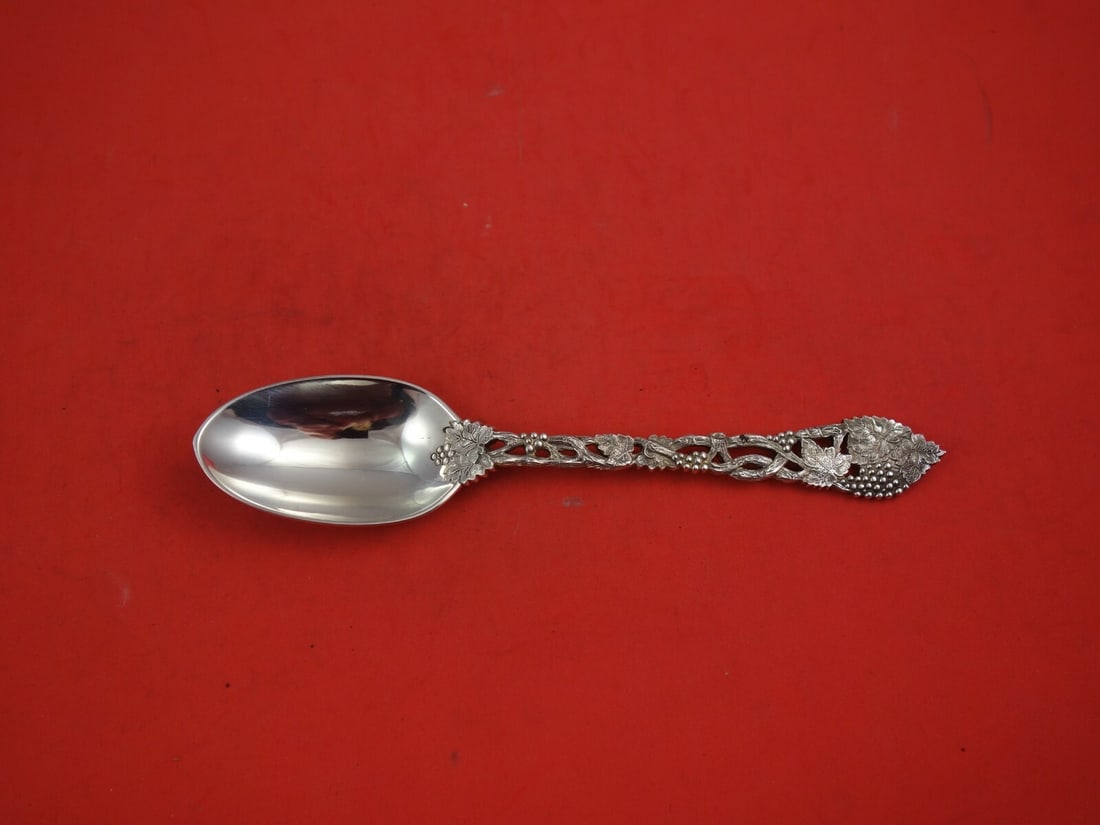 Asprey Sterling Silver Chased and Pierced Vine Dessert Soup Spoon 7 1/4": Asprey Sterling Silver Chased and Pierced Vine Dessert Soup Spoon 7 1/4" This exquisite dessert soup spoon, crafted by Asprey, features a stunning chased and pierced vine design. Made of high-quality