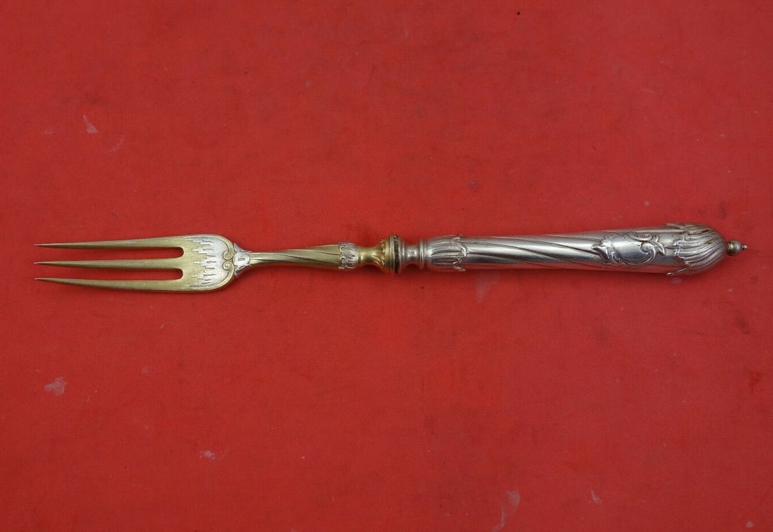 Gebruder Reiner Rocaille 800 Silver Fruit Fork Gold-Washed Acid Etched: Gebruder Reiner Rocaille 800 Silver Fruit Fork Gold-Washed Acid Etched This exquisite Rocaille fruit fork by Gebruder Reiner showcases a stunning Rococo style and is crafted from high-quality German 8
