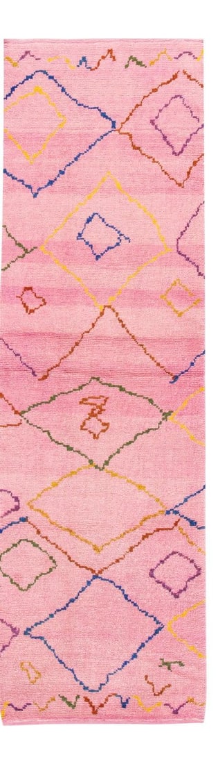 Contemporary Hand-Knotted Moroccan Wool Runner with Tribal Design: Contemporary Hand-Knotted Moroccan Wool Runner with Tribal Design This stunning contemporary Moroccan style runner rug is a beautiful addition to any space. Hand-knotted from high-quality wool, it fea