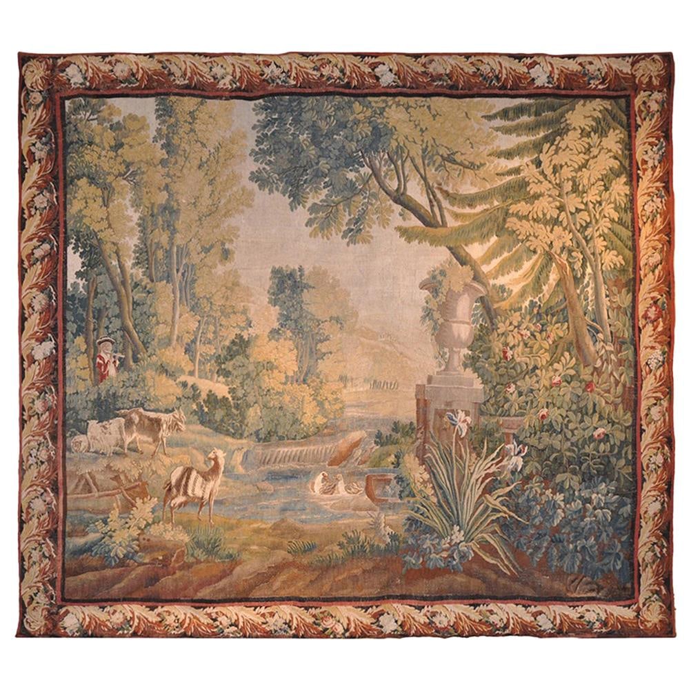 18th Century French Aubusson Tapestry Pastoral Scene with Goats: 18th Century French Aubusson Tapestry Pastoral Scene with Goats Enhance your decor with this exquisite 18th Century French Aubusson Tapestry, featuring a serene pastoral landscape complete with goats