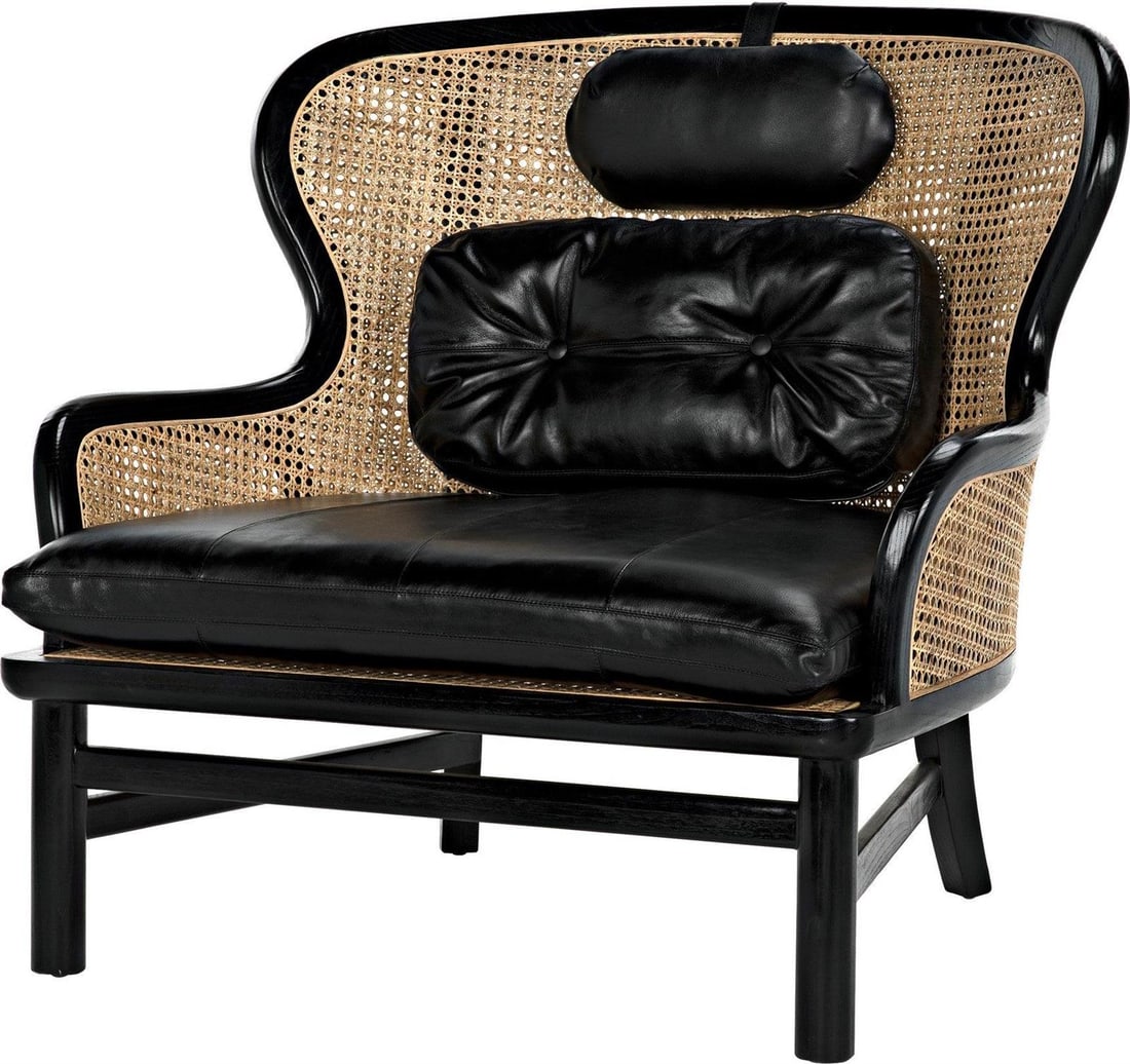 Noir Marabu Sungkai Wood Armchair with Cane Black Charcoal Finish: Noir Marabu Sungkai Wood Armchair with Cane Black Charcoal Finish This elegant Sungkai Wood Armchair showcases a refined English Traditional style, ideal for various decor settings. Its sturdy frame i