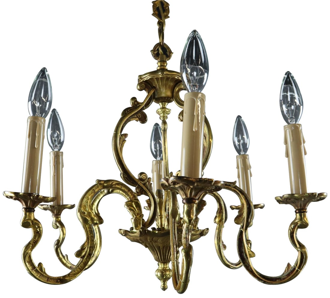 1950s French Rococo 6-Light Brass Bowl Chandelier: 1950s French Rococo 6-Light Brass Bowl Chandelier This exquisite 1950s French Rococo Brass Chandelier exudes timeless elegance and sophistication. Featuring a stunning 6-arm design, this bowl chandeli
