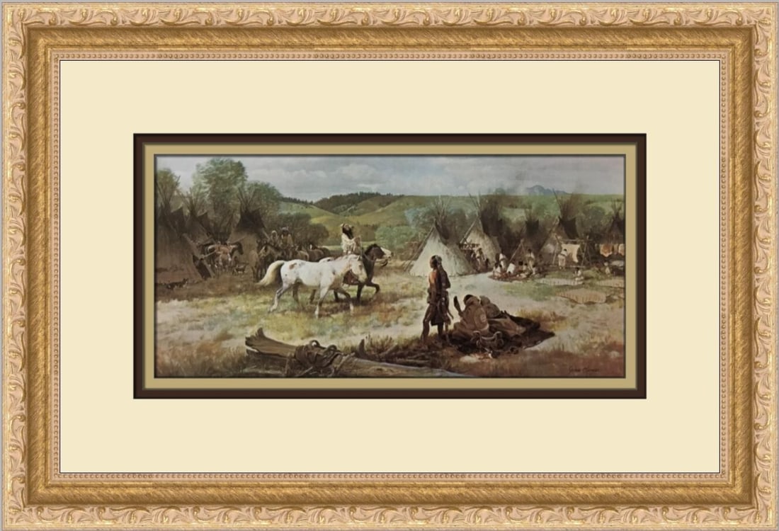 John Clymer Sioux Camp Custom Framed Print 11 x 16 Impressionism Art: John Clymer Sioux Camp Custom Framed Print 11 x 16 Impressionism Art This captivating print titled 'Sioux Camp' by artist John Clymer captures a moment of cultural significance with its impressionisti