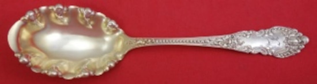 Knowles Mauser Apollo Sterling Silver Preserve Spoon 7 1/8" Ruffled Gold Wash: Knowles Mauser Apollo Sterling Silver Preserve Spoon 7 1/8" Ruffled Gold Wash This exquisite Apollo Preserve Spoon, crafted by Knowles and Mauser, showcases a stunning ruffled design. Made of high-qua