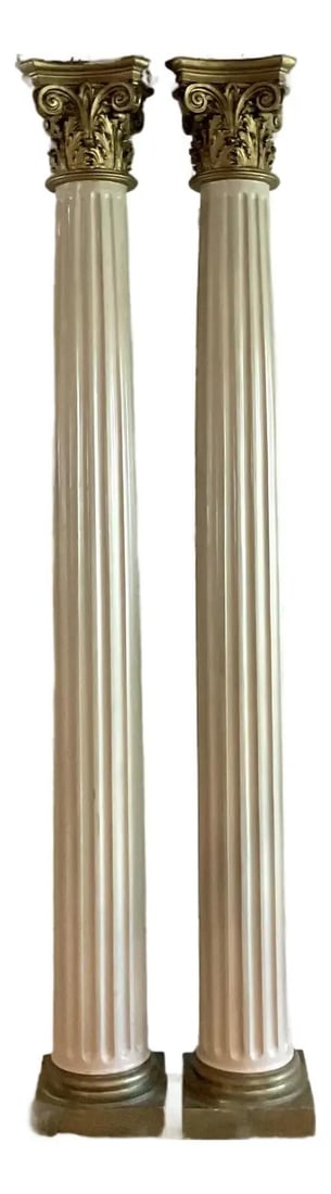 Monumental Pair of Vintage Corinthian Fiberglass Columns 134 Inches Tall: Monumental Pair of Vintage Corinthian Fiberglass Columns 134 Inches Tall Elevate your interior design with this stunning pair of vintage Corinthian columns, exuding timeless grandeur reminiscent of cl