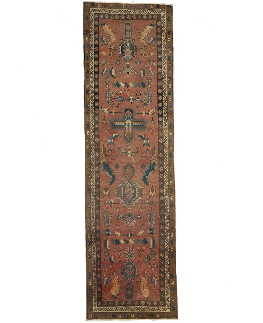 Vintage Hand-Knotted 3x12 Tribal Floral Runner Rug: Vintage Hand-Knotted 3x12 Tribal Floral Runner Rug Embrace the charm of this Semi-Antique Oriental Runner Rug, measuring 3'7" x 12'7". This exquisite piece features a beautiful tribal floral design in