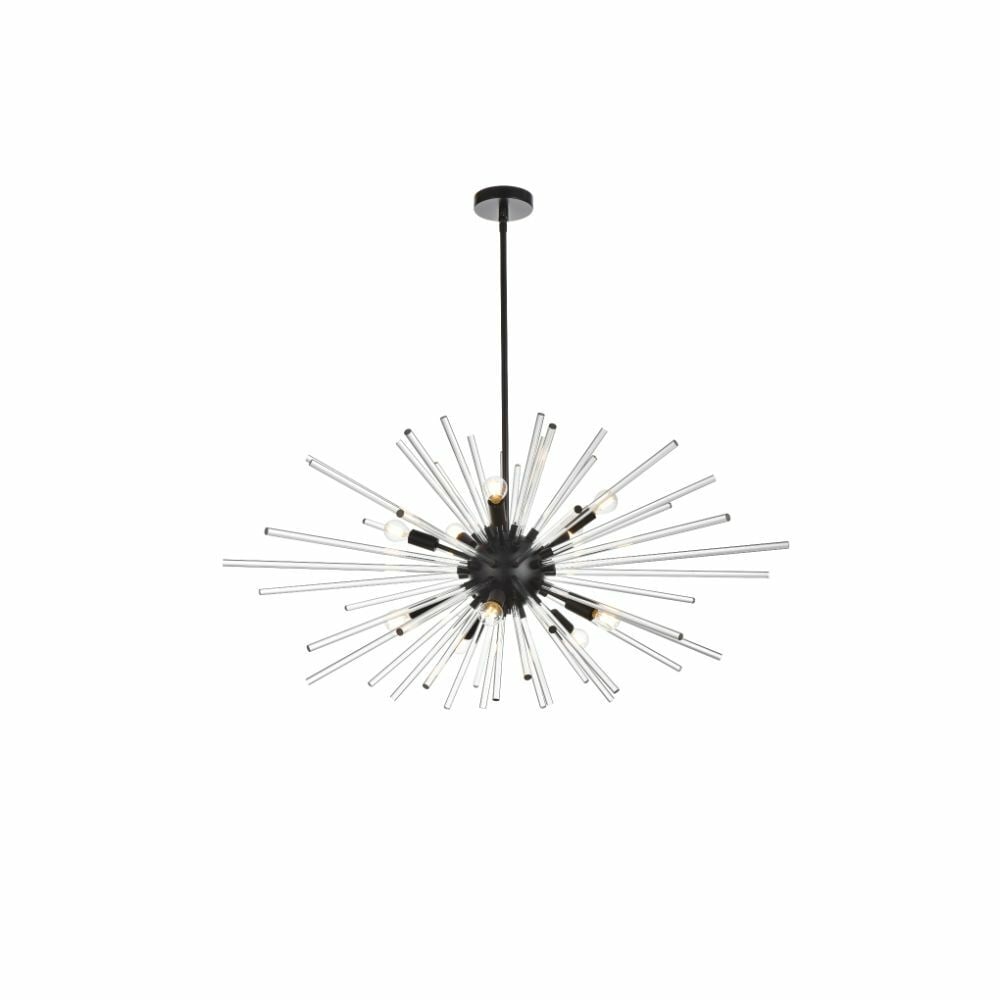 Sienna Modern 10-Light Black Chandelier With Clear Glass Rods 46 Inch Wide: Sienna Modern 10-Light Black Chandelier With Clear Glass Rods 46 Inch Wide This modern Sputnik chandelier features a black frame accented with clear glass rods, creating a striking star-shaped design.