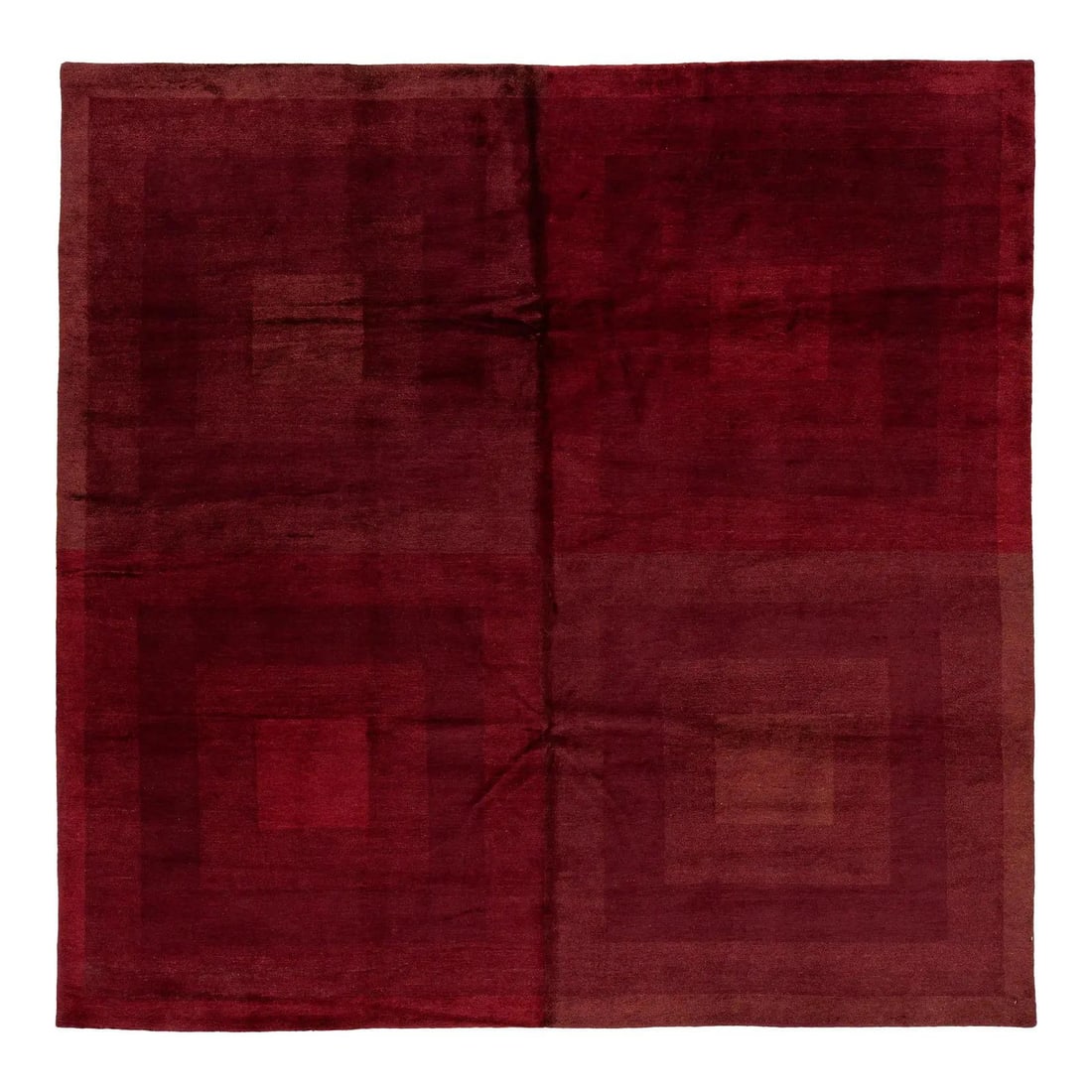 8'6" Square Hand-Knotted Tibetan Wool Silk Rug Ruby Red Burgundy Geometric Design: 8'6" Square Hand-Knotted Tibetan Wool Silk Rug Ruby Red Burgundy Geometric Design This contemporary rug features a geometric design, hand-knotted from a luxurious blend of premium Tibetan wool and sil