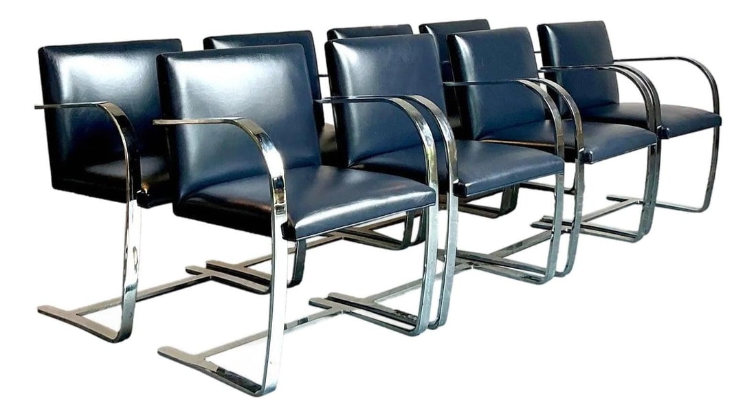 Set of 8 Vintage Mies Van Der Rohe Knoll Leather Dining Chairs: Set of 8 Vintage Mies Van Der Rohe Knoll Leather Dining Chairs Enhance your dining or conference area with this exceptional set of eight vintage dining chairs, designed by Mies Van Der Rohe for Knoll.