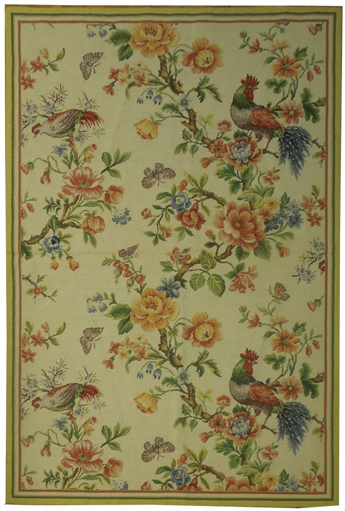 Charming 4x6 Needlepoint Rug with Roosters Birds Trees: Charming 4x6 Needlepoint Rug with Roosters Birds Trees Free continental US Shipping Introducing a charming 4' x 6' Needlepoint Flat Weave Rug that beautifully blends artisan craftsmanship with rustic