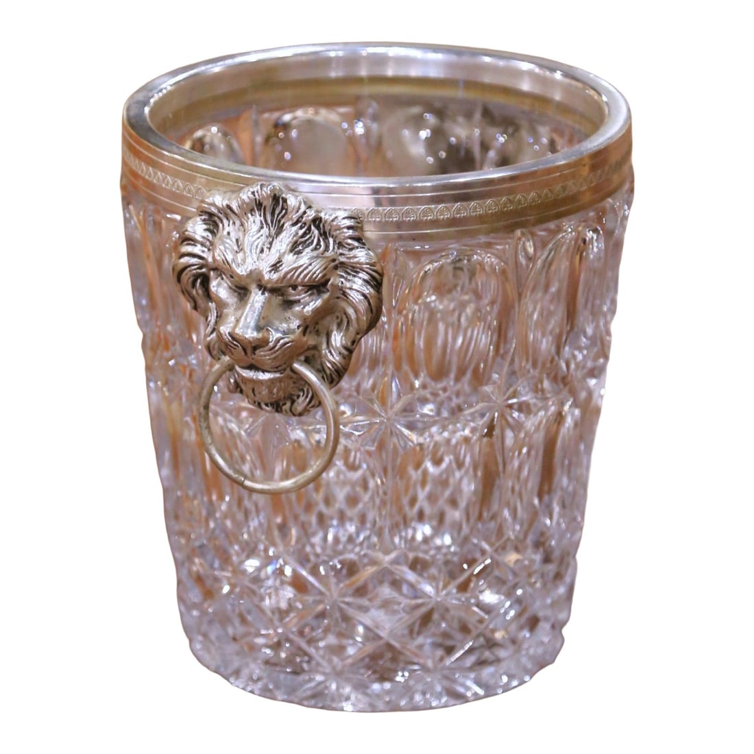 German Crystal Champagne Bucket with Silverplate Lion Ring Handles Circa 1960: German Crystal Champagne Bucket with Silverplate Lion Ring Handles Circa 1960 This mid-century German wine cooler, crafted circa 1960, features a finely cut crystal body adorned with repeating faceted
