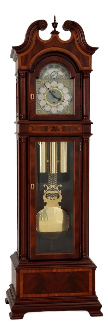 Mahogany Grandfather Clock with Inlay and Pediment Top by Seth Thomas (1 of 10)