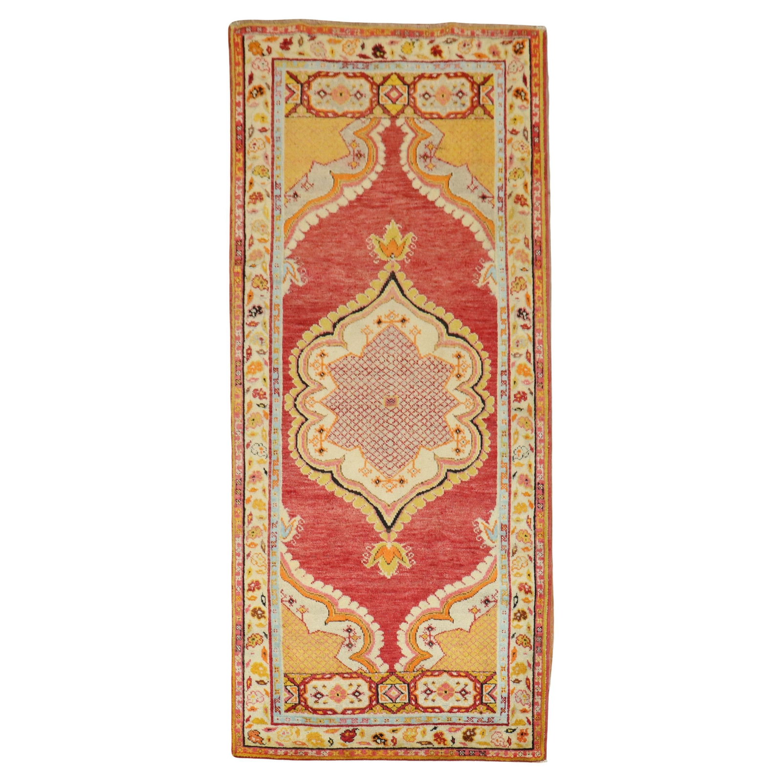 Mid-20th Century Turkish Oushak Hand-Woven Wool Runner 38 x 84: Mid-20th Century Turkish Oushak Hand-Woven Wool Runner 38 x 84 Enhance your space with this exquisite mid-20th century Turkish Oushak small runner. Hand-woven from high-quality wool, this formal rug f