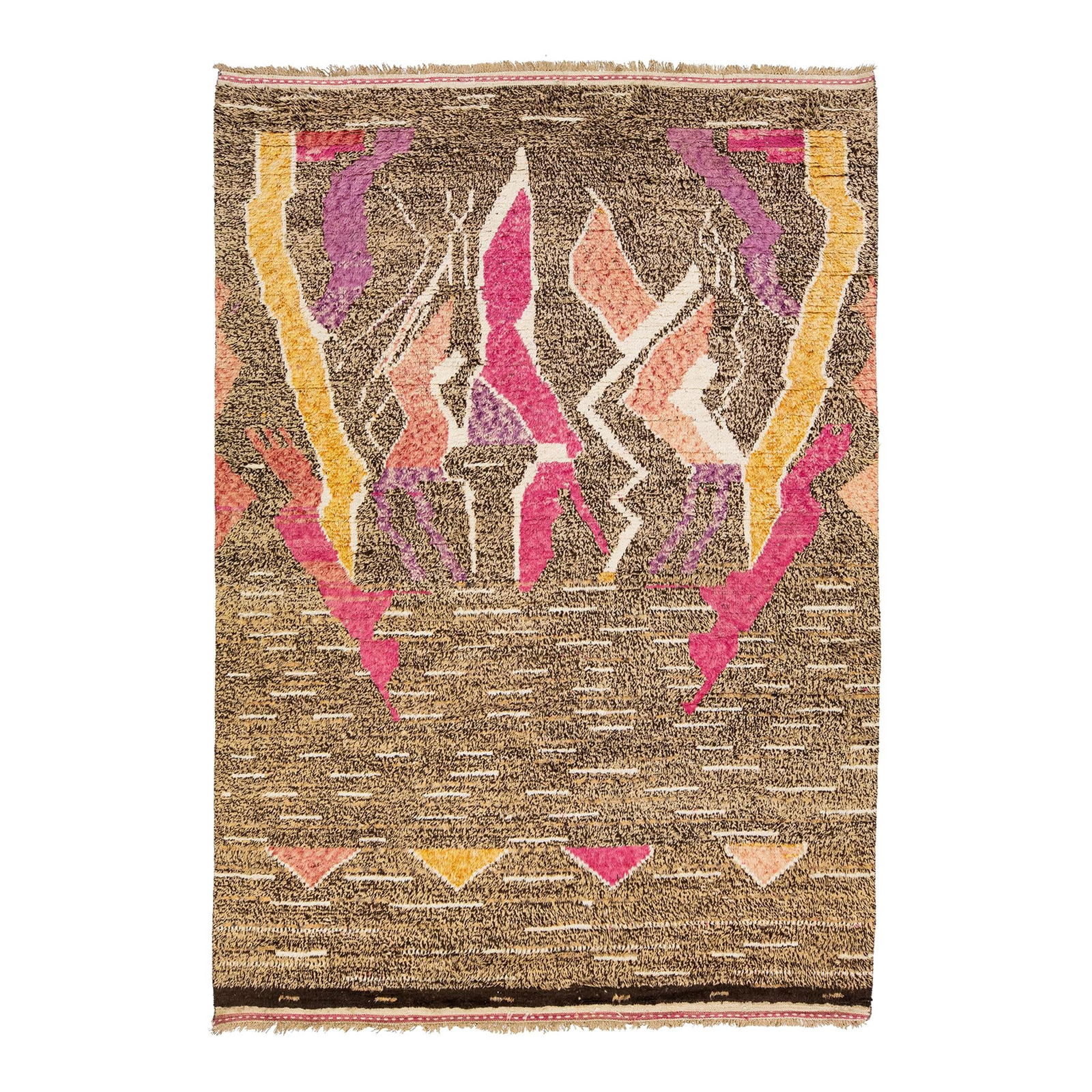 Handmade Moroccan Tan Wool Rug with Multicolor Abstract Design 8'10 x 12'3: Handmade Moroccan Tan Wool Rug with Multicolor Abstract Design 8'10 x 12'3 This exquisite modern Moroccan style rug showcases a stunning hand-knotted design in warm tan and brown tones, enhanced by a