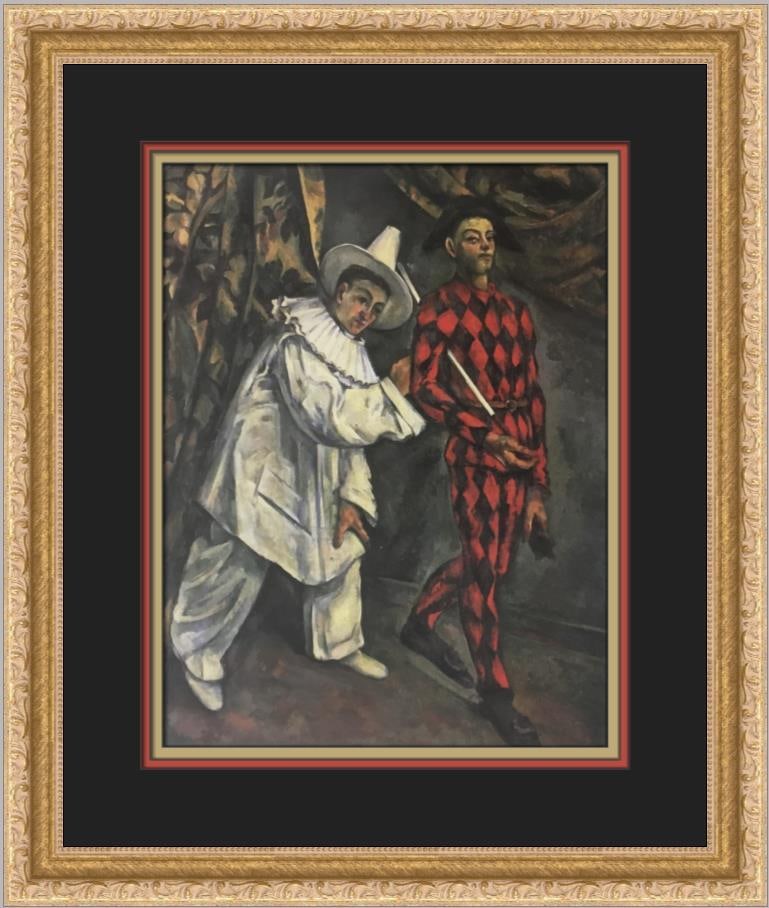 Paul Cezanne Pierrot and Harlequin Custom Framed Print 18x15 Impressionist Art: Paul Cezanne Pierrot and Harlequin Custom Framed Print 18x15 Impressionist Art This stunning custom framed print titled "Pierrot and Harlequin" by renowned artist Paul Cezanne showcases the charming f