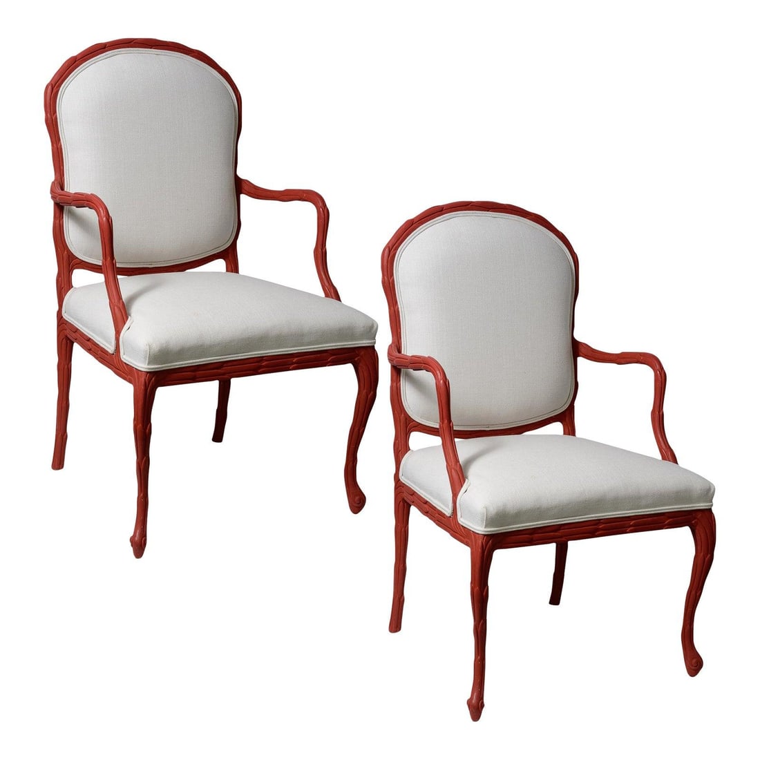 Pair of Red Faux Bois Chairs with French White Linen Upholstery: Pair of Red Faux Bois Chairs with French White Linen Upholstery This pair of vintage Faux Bois painted chairs features a striking red finish complemented by new French white linen upholstery. They are