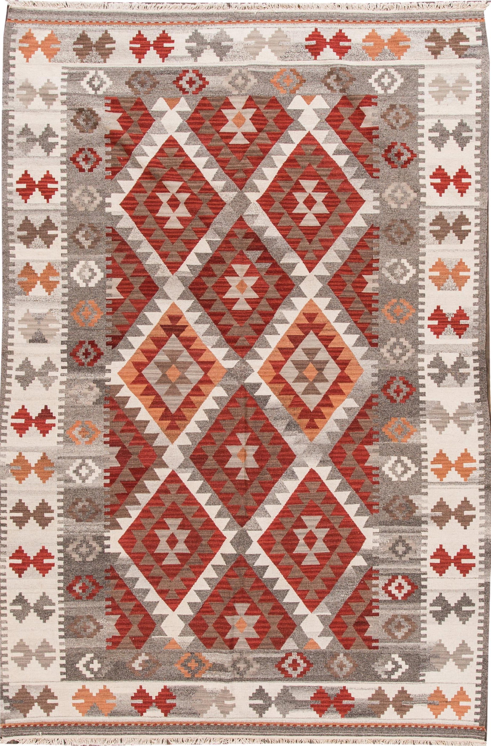 Rust Contemporary Handmade Wool Kilim Rug 6'9 x 10'1: Rust Contemporary Handmade Wool Kilim Rug 6'9 x 10'1 Elevate your space with this stunning contemporary Kilim rug, meticulously hand-knotted from premium wool. Featuring a vibrant multi-color field ad