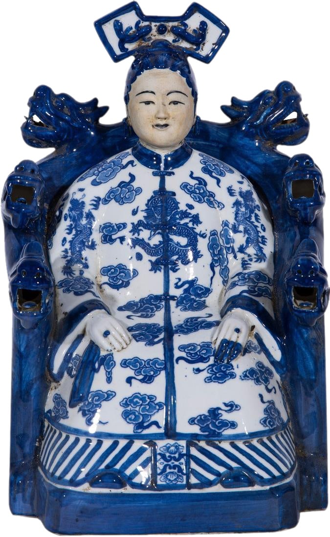 Hand-Crafted Blue White Chinoiserie Emperor Empress Statues: Hand-Crafted Blue White Chinoiserie Emperor Empress Statues This exquisite pair of Regal Blue & White Emperor and Empress Statues showcases the elegance of Chinoiserie style. Hand-crafted from ceramic