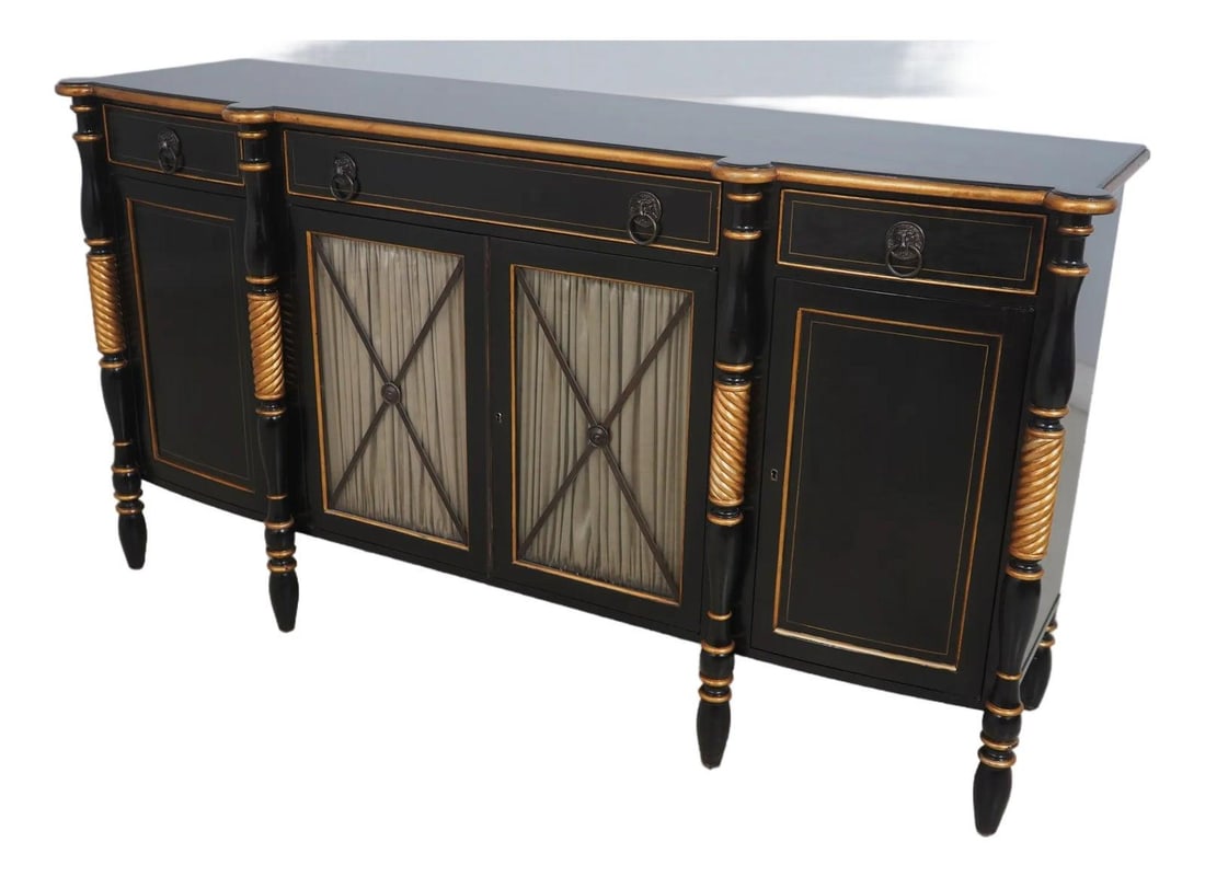 Hickory White Regency Black Gold Sideboard with Lion Head Pulls: Hickory White Regency Black Gold Sideboard with Lion Head Pulls This stunning Regency Style Sideboard features a sophisticated black ebonized finish complemented by elegant gold highlights. Crafted fr