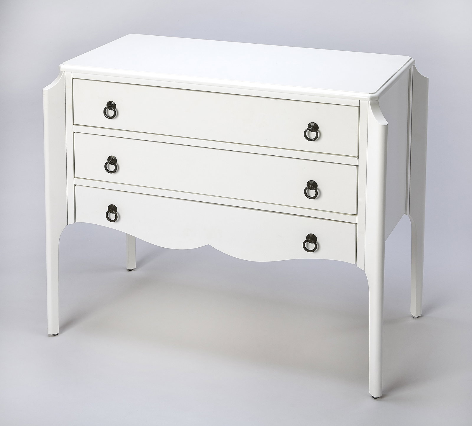 Butler Glossy White Accent Chest with Ring Pulls 30H 34W 18D: Butler Glossy White Accent Chest with Ring Pulls 30H 34W 18D This elegant Sleek White Accent Chest features a contemporary design with ring pulls, perfect for enhancing your space. Constructed from du