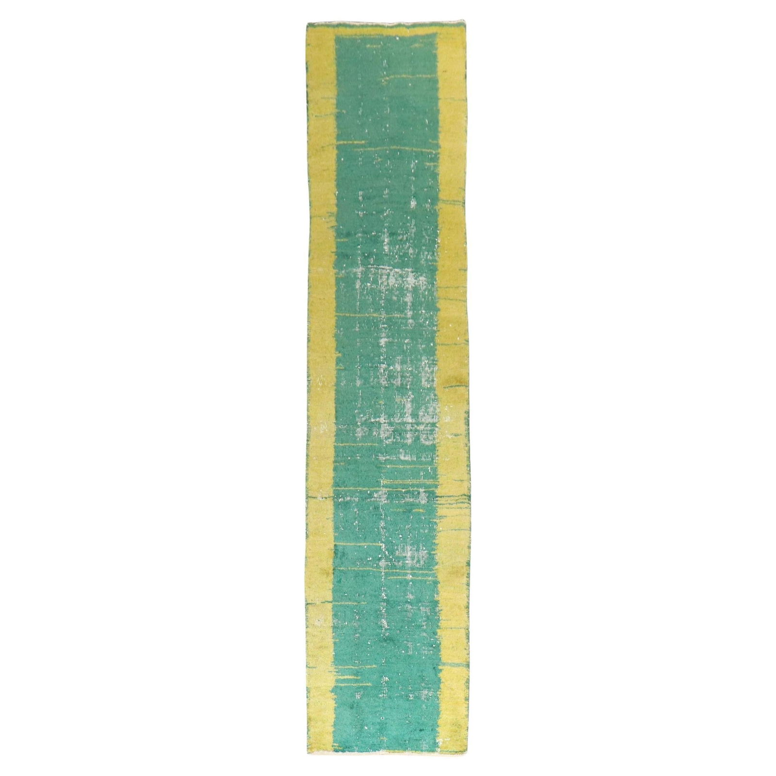 Zabihi Collection Vintage Turkish Hand-Woven Wool Runner Green Yellow 27 x 128: Zabihi Collection Vintage Turkish Hand-Woven Wool Runner Green Yellow 27 x 128 This stunning Turkish runner from the Zabihi Collection features a minimalist design, showcasing a vibrant bright green o