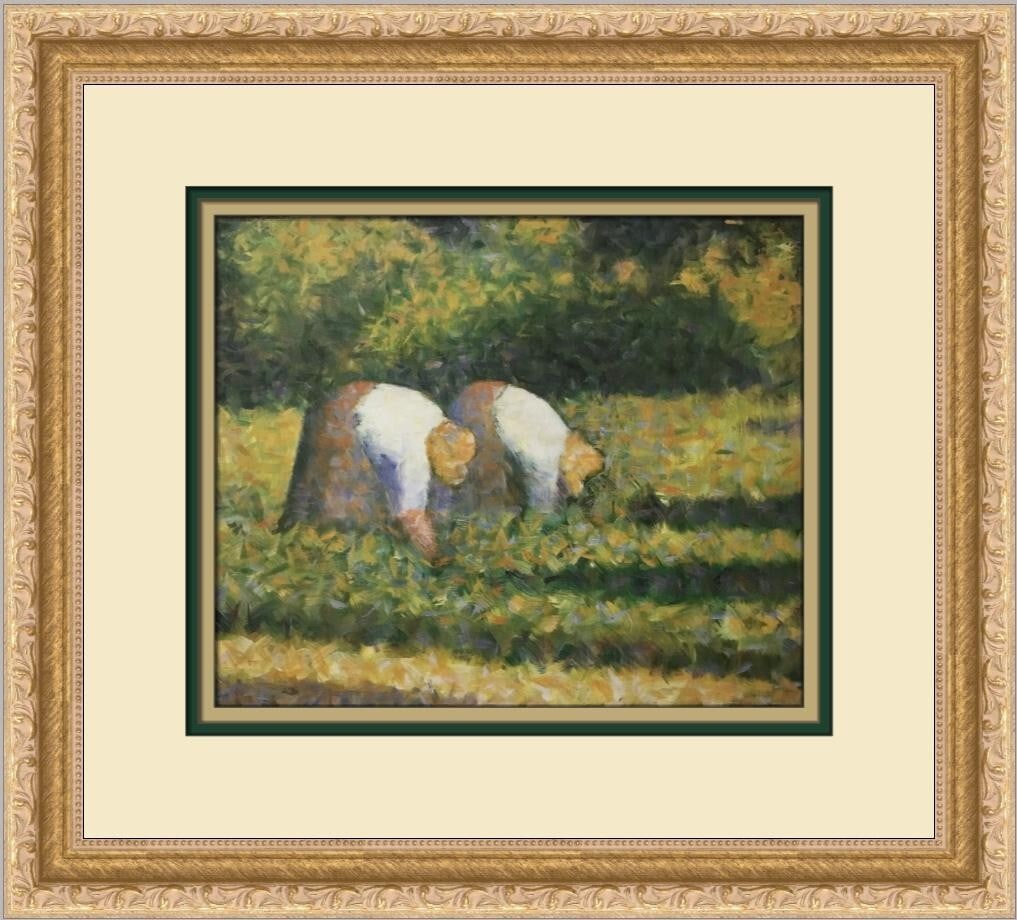 Georges Seurat Farm Women at Work Custom Framed Print Art: Georges Seurat Farm Women at Work Custom Framed Print Art This exquisite custom framed print features Georges Seurat's renowned work titled "Farm Women at Work," an impressive piece of Impressionist a