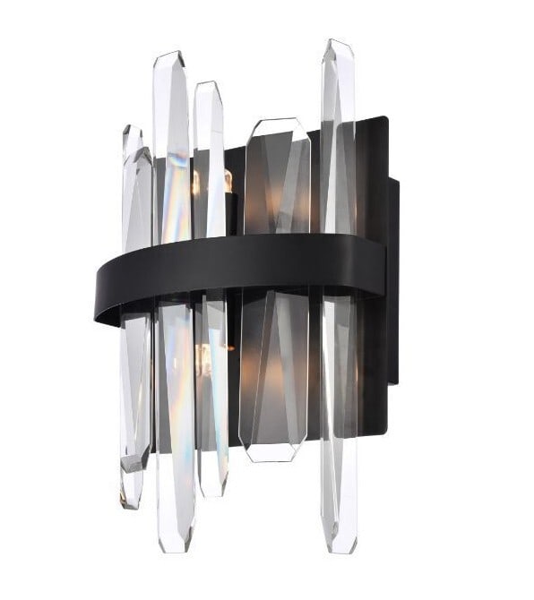 Serena Modern 2-Light Black Wall Sconce with Crystal Accents: Serena Modern 2-Light Black Wall Sconce with Crystal Accents Illuminate your space with this modern black wall sconce, featuring two light fixtures that blend functionality with style. Perfect for a v
