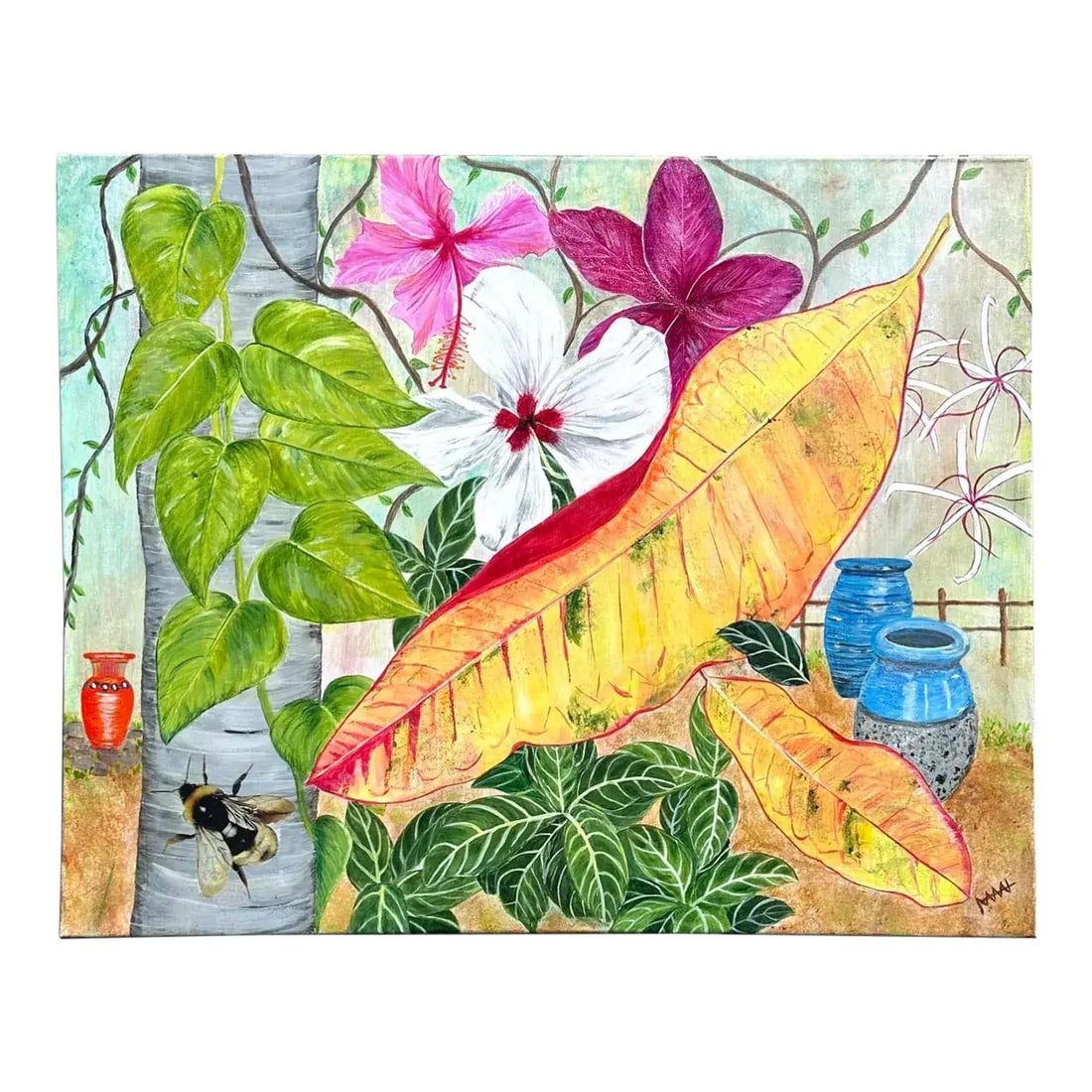 Tropical Garden Floral Canvas Wall Art with Boho Vintage Style: Tropical Garden Floral Canvas Wall Art with Boho Vintage Style This vintage Boho tropical floral painting on canvas features a lush garden scene with vibrant tropical flowers, large leaves, and potter